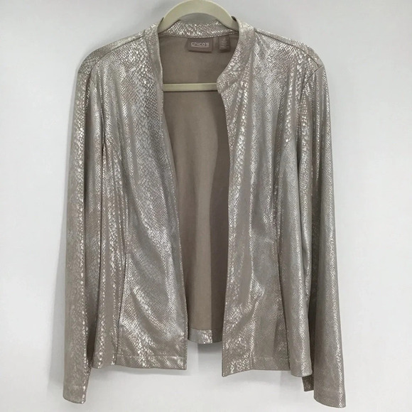 Chico’s Women’s Nickey Microsuede Metallic Reptile Print Open Jacket Size 2 - Picture 1 of 8